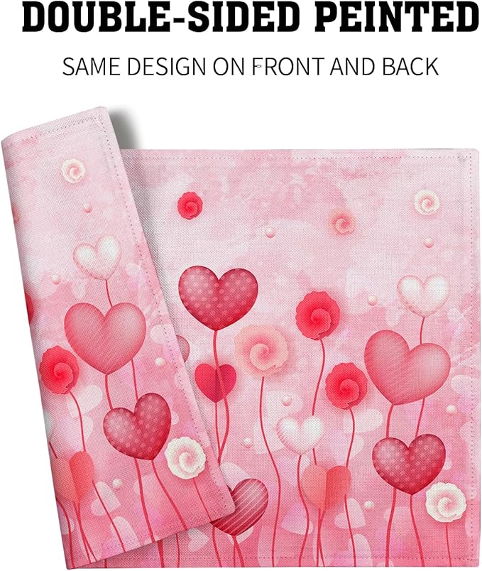Giwawa Valentines Day Placemats Set of 4 12x18 Inch Red Love Hearts Flower Floral Decorative Place Mat Linen Heat Resistant Washable Table Mats for Kitchen Dining Holiday Wedding Anniversary