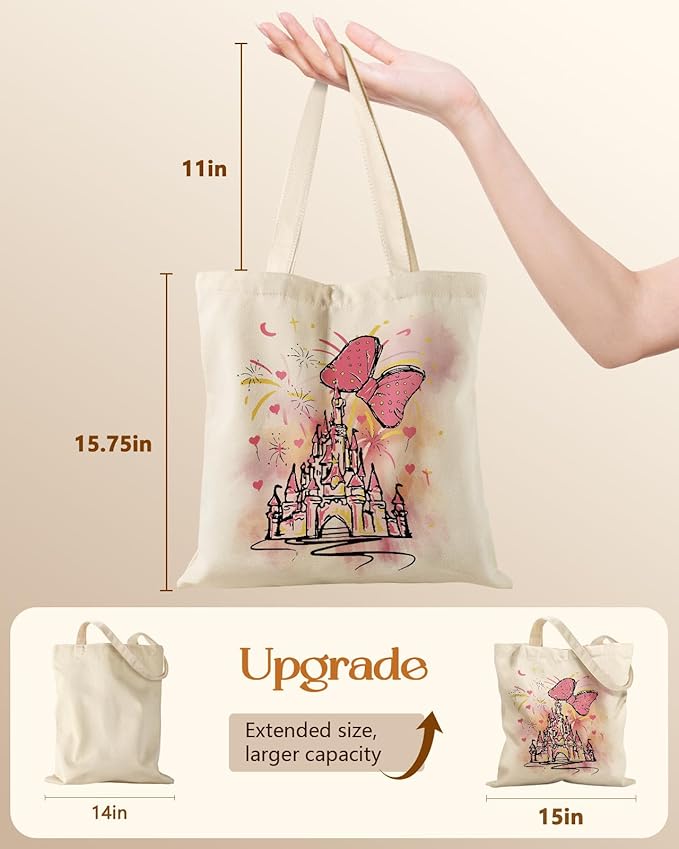 Canvas Tote Bag for Women – Aesthetic Canvas Bag with Zipper Cute Stylish Reusable Shoulder Totes for Shopping Work Daily Vacation, Bow Castle