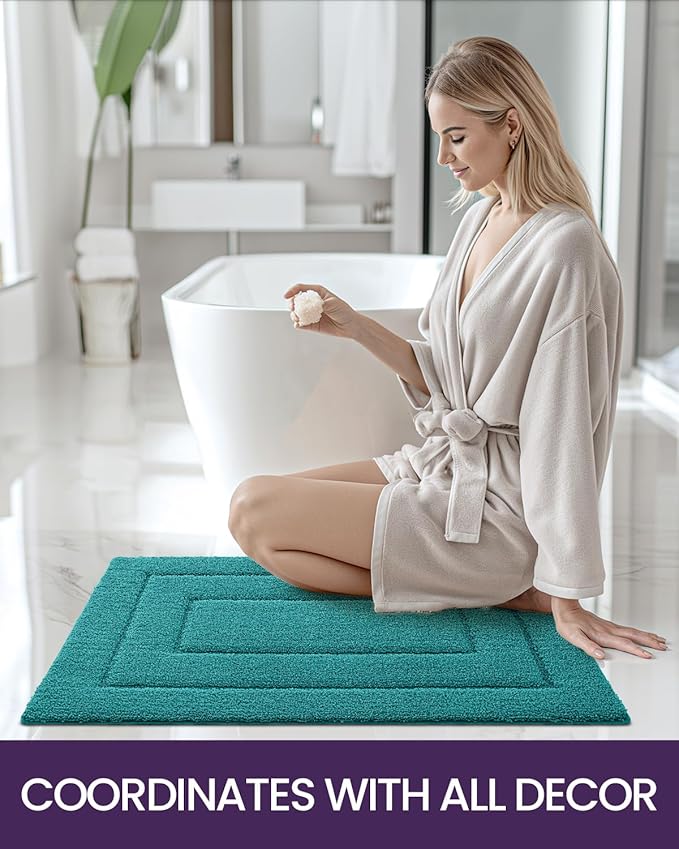 DEXI Bathroom Rug 24x16, Non Slip Washable Bath Mat for Shower Floor, Absorbent Soft Bathmat with Rubber Backing, Quick Dry Microfiber Carpet, Teal