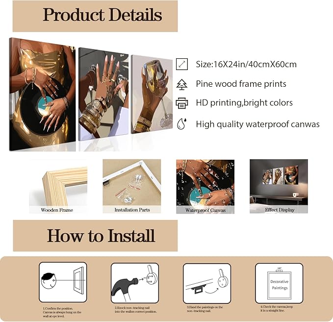 Black Girl Wall Art Set of 3, Gold African American Woman Wall Decor Painting Black People Canvas Poster Prints Pictures Aesthetics for Living Room Bedroom Dorm Framed 16x24 inch