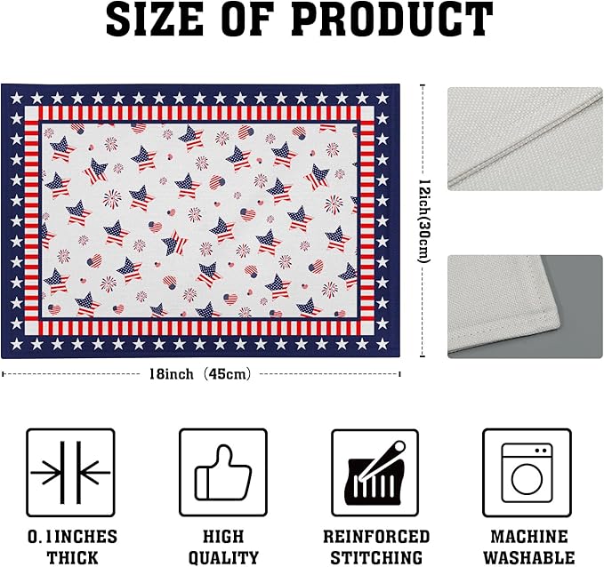 Giwawa 4th of July Placemats for Kitchen Dining, 12x18Inch Patriotic American Flag USA Stars Linen Table Place Mats Non-Slip Heat Resistance Set of 4 for Independence Day Holiday Party Decor