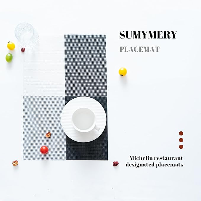 Placemats Set of 8 Vinyl/Plastic Woven Place Mats for Kitchen Table Indoor/Outdoor Washable Placemat Wipeable Dining Table Mats (Grey Grid,8)