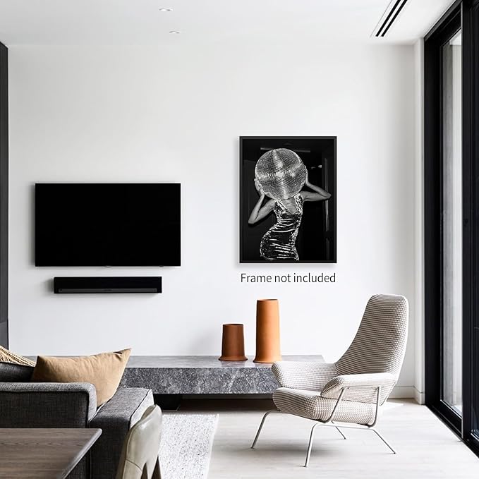 Sufeasdf Vintage Funky Y2k Hot Girl Poster Black and White Disco Ball Canvas Wall Art Trendy Preppy Bar Cart Decor for Living Room Dorm 08x10 inch Unframed