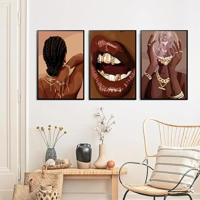 ANVOTIG Black Woman Posters Wall Art Set of 3 Black Girl African Women Canvas Wall Decor American Black Female Pictures Boho Fashion Abstract for Home Bedroom LivingRoom Bathroom 16X24 Inch Unframed