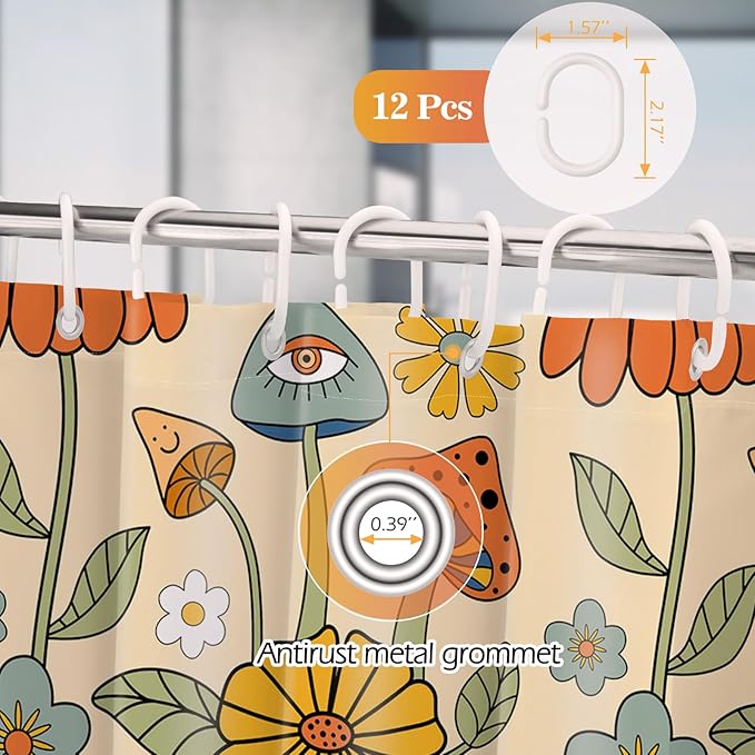 Aimego Long Mushroom Shower Curtain - Boho Floral 70s Retro Bohemian Yellow Orange Flowers Eyes Bath Fabric Cloth Shower Curtain Set with 12 Hooks Bathroom Decor Bathtub Curtain, 72"x78"