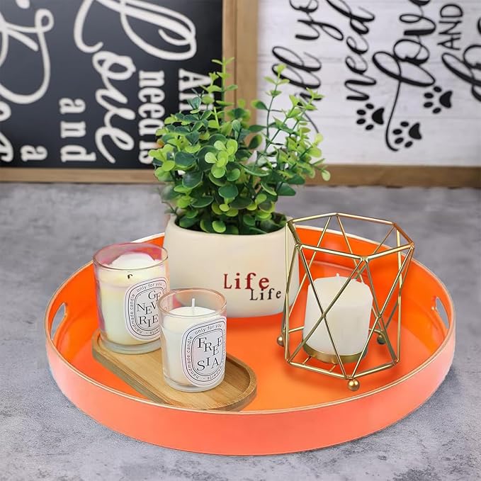 Fuukoou Orange Round Serving Tray with Handles,13" Decorative Ottoman Coffee Table for Perfume,Living Room,Home Decor