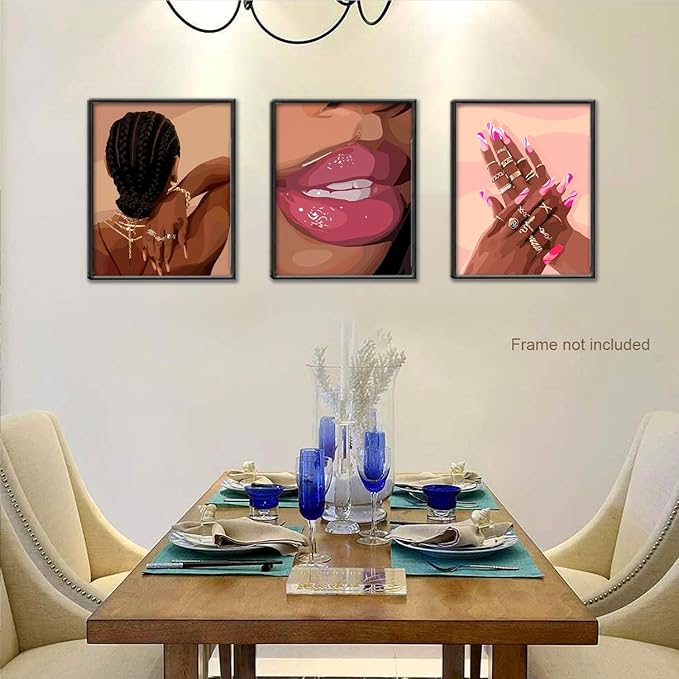 Black Girl Pink Wall Art Set of 3 African American Black Women Canvas Posters Fashion Black Girl Wall Decor Pictures Prints for Home Living Room Bedroom Bathroom Decoration 16x24 Inch Unframed