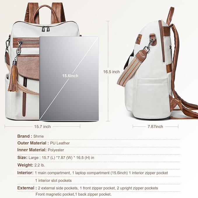 Shrrie Laptop Backpack for Women 15.6 inch,Travel Leather Backpack Purse Nurse Teacher Carry on Backpack Computer Bag,Professional Water-Resistant College Business Work Casual Daypack,Beige with Brown