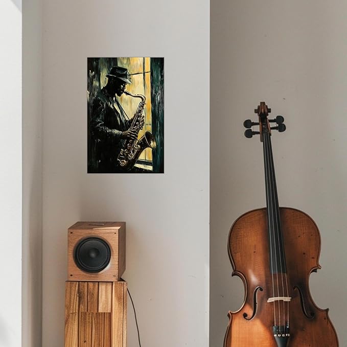 SWQYLB Black Music Wall Art Abstract Jazz Wall Decor African American Painting Canvas Musical Instruments Pictures Classroom Music Men Room Decor Framed (Yellow, (28.00" x 42.00"))