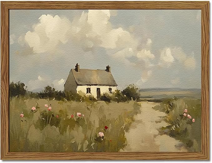 Vintage Farmhouse Wall Art, Country Cottage Wall Decor Paintings, Framed 3D Textured Hand Drawn Sandstone Natural Countryside Landscape Artwork for Bedroom Living Room 16x24 inch Wood Frame