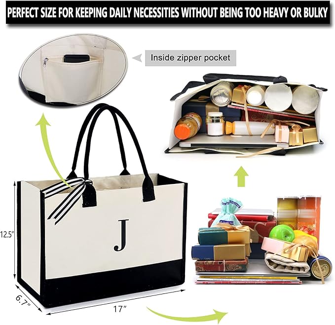 BeeGreen Embroidery Monogram Initial Tote Bag for Women Teacher Mom Friend Personalized Gift for Birthday Beach Work Wedding