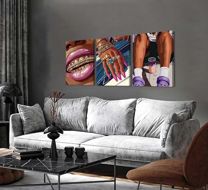 Black Girl Canvas Wall Art Set of 3, Fashion African American Woman Wall Decor Paintings, Abstract Black Women Pictures Prints for Girly Bedroom Living Room Dorm 16x24 inch Framed