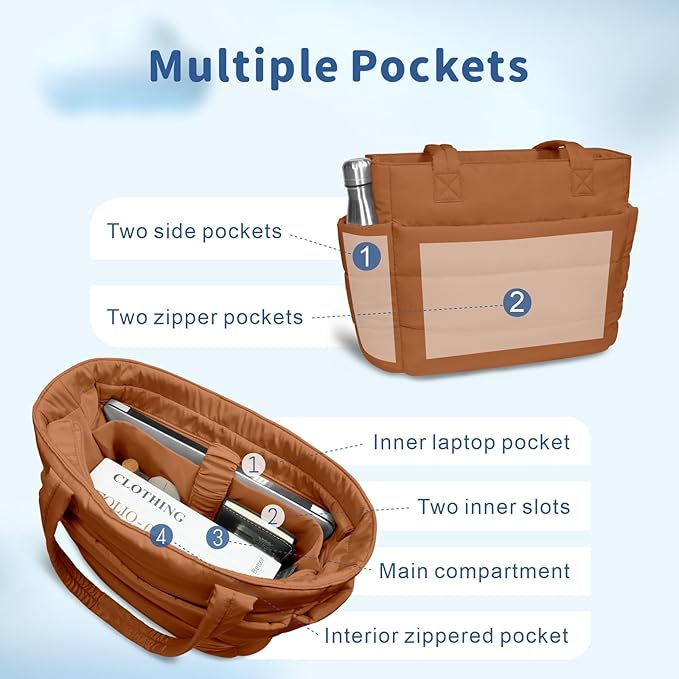 TOPDesign Puffer Tote Bag for Women, Lightweight Puffy Handbag with Compartments, Quilted Shoulder Bag for Work, Travel, Gym