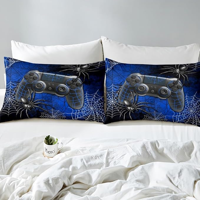 Boys Gamer Gamepad Duvet Cover Set King Size Kids Teen Man Gaming Theme Bedding Sets 3 Pcs for Room Decor, Fashion Spider Halloween Comforter Cover with 2 Pillowcases (No Comforter) Black Blue