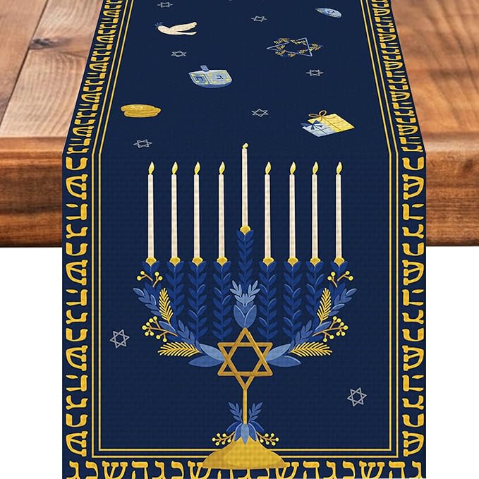 Hanukkah Burlap Table Runner Seasonal Kitchen Dining Linen Table Decoration for Indoor Outdoor Home Party Dinner 13x72 Inch
