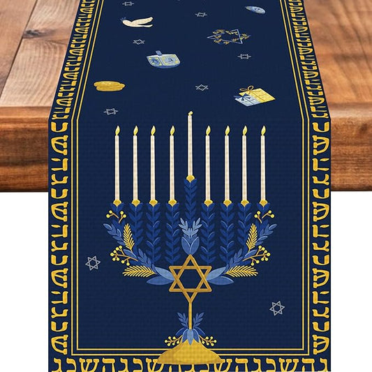 Hanukkah Burlap Table Runner Seasonal Kitchen Dining Linen Table Decoration for Indoor Outdoor Home Party Dinner 13x72 Inch