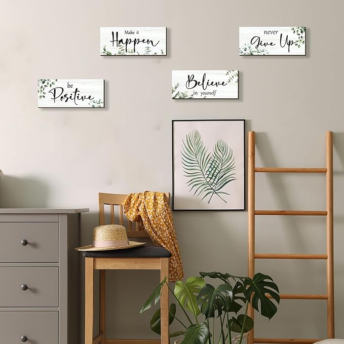 4 Pcs Green Office Decor For Women Motivational Wall Decor Inspirational Office Wall Decor With Positive Sayings Wooden Hangings for Home Office Bathroom Bedroom Kitchen(Green Leaf 10x4")