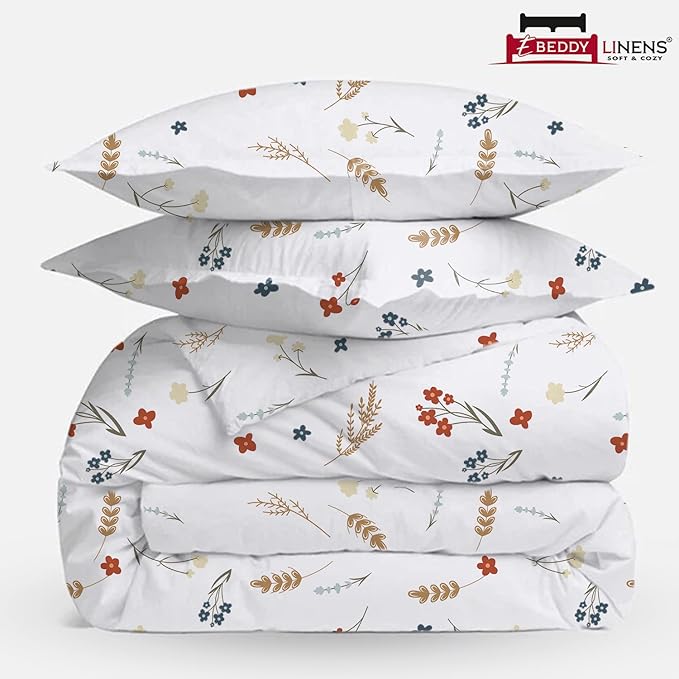 eBeddy Linens Luxury Egyptian Cotton Super King Plus 120x120 Size Printed Duvet Cover Set with Zipper Closure & 7 Corner Ties Soft Cozy Bedding Set Durable Stitch, Flower Print