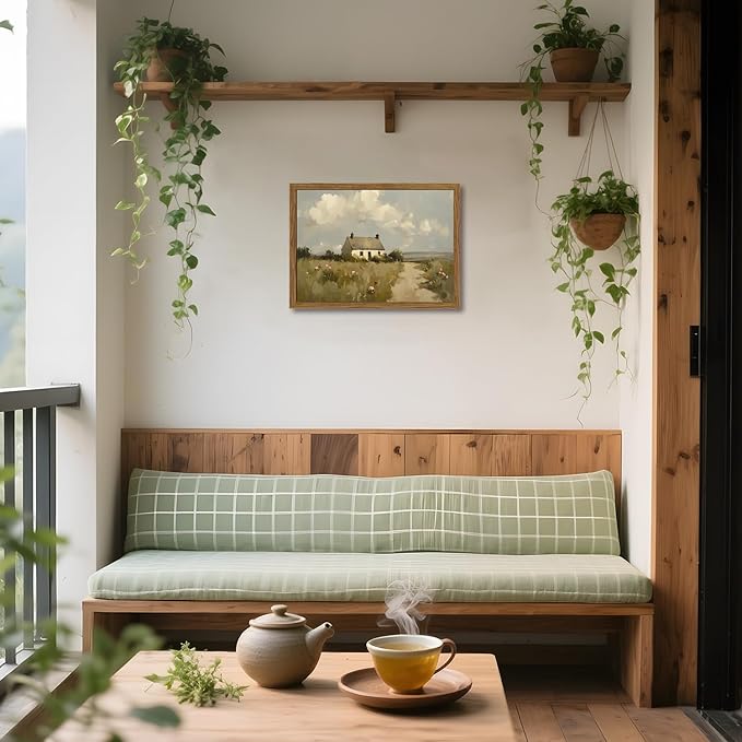 Vintage Farmhouse Wall Art, Country Cottage Wall Decor Paintings, Framed 3D Textured Hand Drawn Sandstone Natural Countryside Landscape Artwork for Bedroom Living Room 12x16 inch Wood Frame