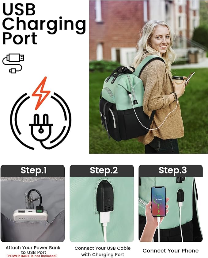 FALANKO Laptop Backpack for Women,College Work Teacher backpack for 15.6 Inch laptop with USB Charging Port,Travel Anti Theft Laptops Backpack RFID Anti Theft, Shoulder Purse Bags Green Black