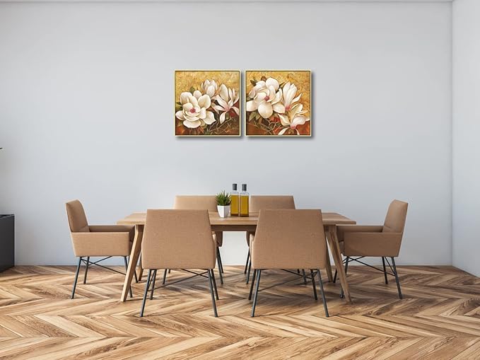 Pyradecor Large Gold Framed Canvas Wall Art Magnolia Flowers 2 Panels Floral Canvas Prints Brown Pictures for Living Room Bedroom Home Decorations
