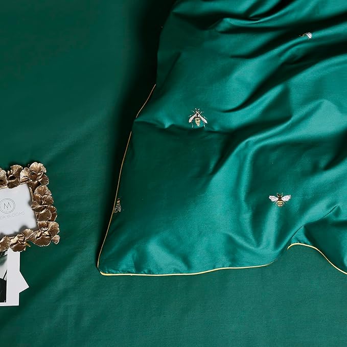 mixinni Dark Green Duvet Cover Queen Size, 100% Long Staple Cotton Honeybee Floral Pattern 3pc Bedding Duvet Cover Set with Zipper Ties 2 Pillowcases Perfect for Him and Her-Queen Size