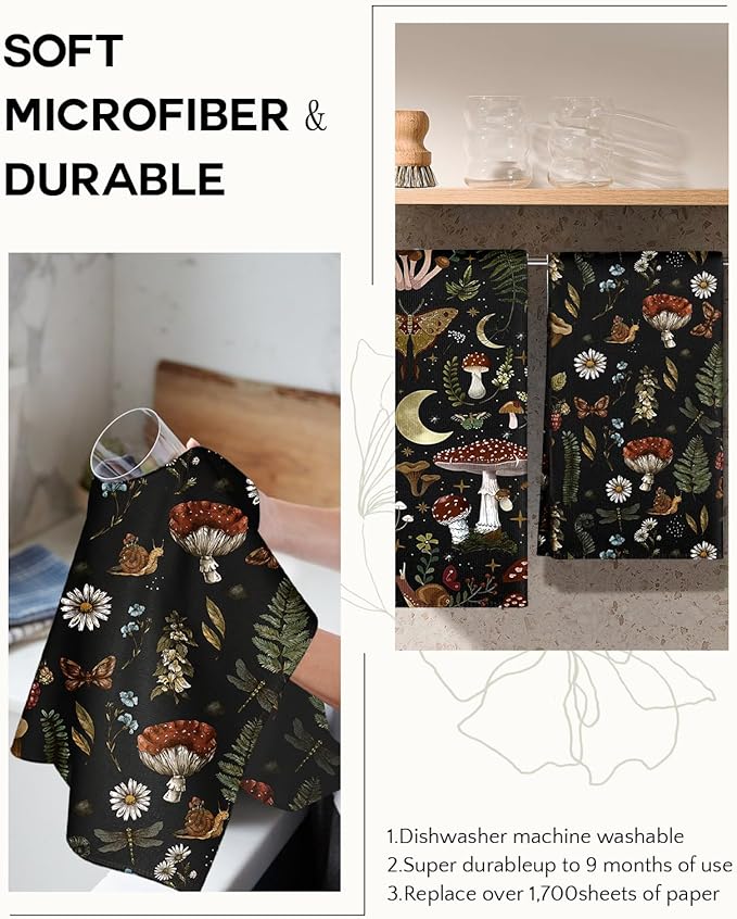 Microfiber Kitchen Towels - Set of 2 Dish Towels for Kitchen 18 x 26 Inch Home Decoration Black Mushroom Cute Spring Hand Towels Soft & Absorbent Aesthetic Design