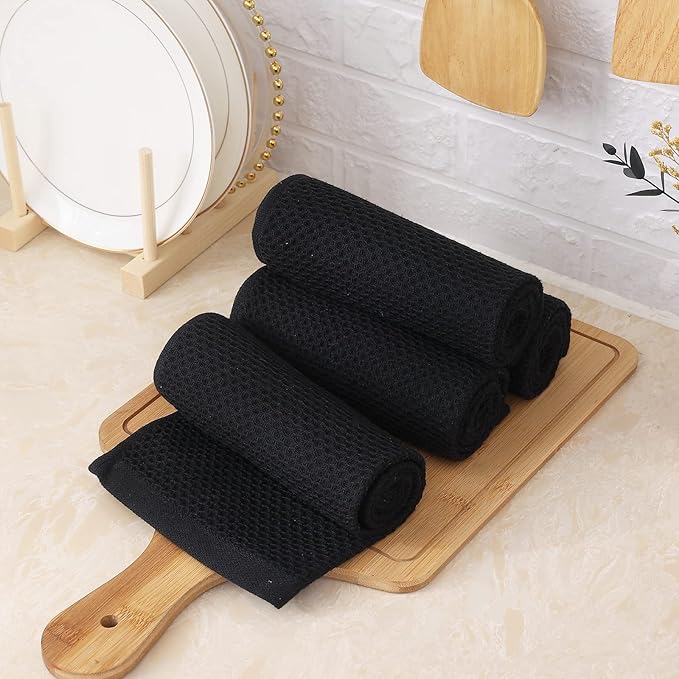 Homaxy 100% Cotton Waffle Weave Kitchen Towels, 13 x 28 Inches Super Absorbent and Machine Washable Dish Towels for Drying Dishes, 8-Packs, Black
