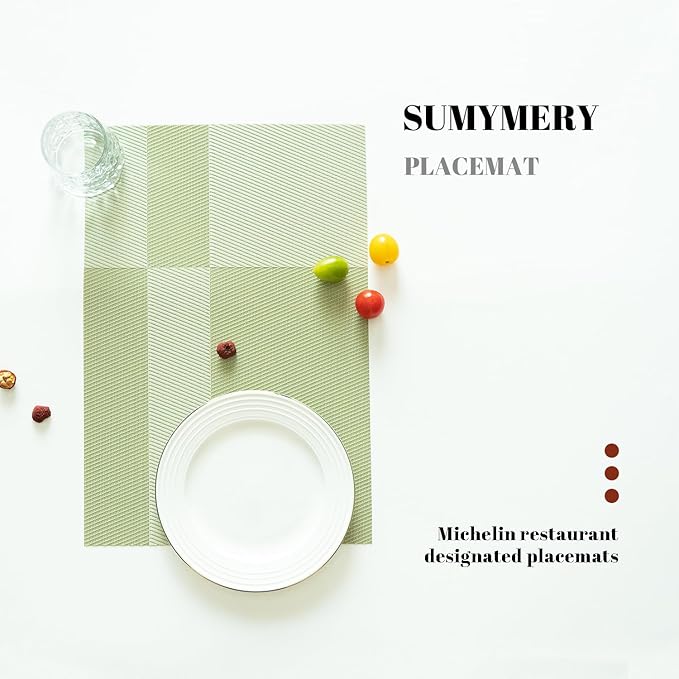 Placemats Set of 12 Vinyl/Plastic Woven Place Mats for Kitchen Table Indoor/Outdoor Washable Placemat Wipeable Dining Table Mats (Green Cube,12)