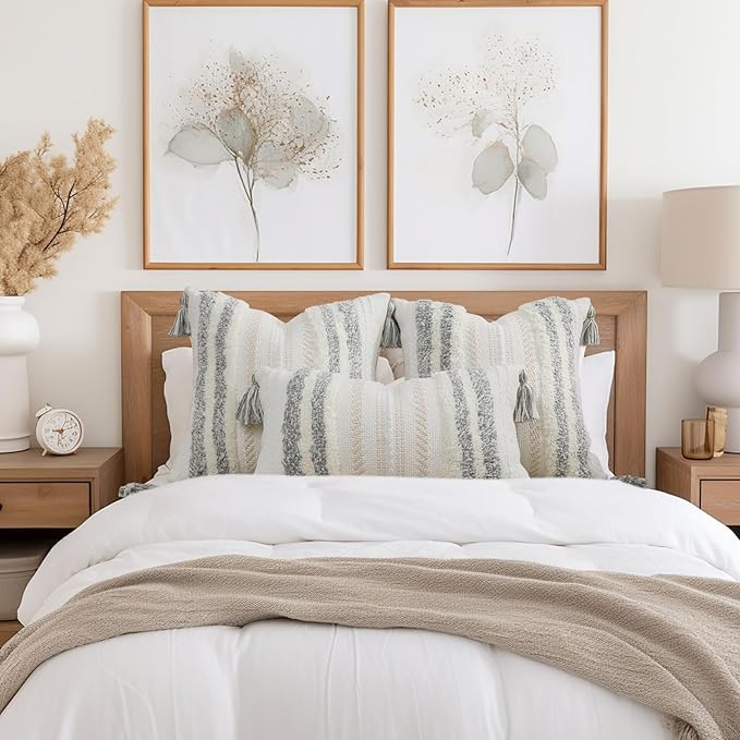 decorUhome Decorative Boho Throw Pillow Cover 12x20, Lumbar Accent Neutral Textured Tufted Pillow Cover Striped for Couch Bed Sofa, Light Grey and Cream White, Pack of 1