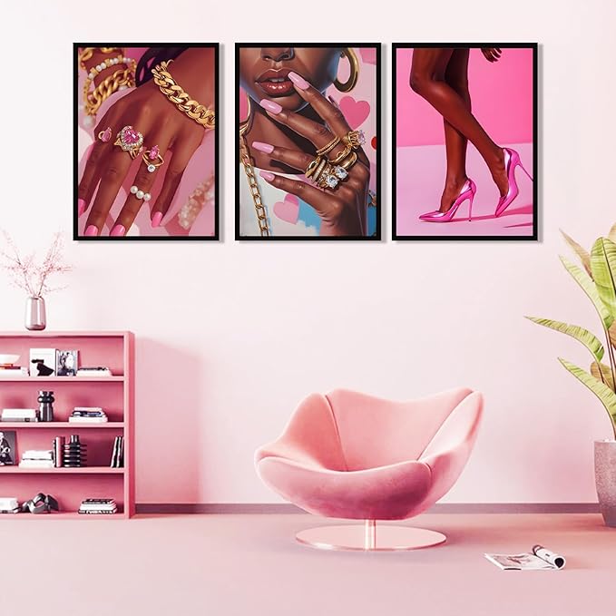 ANVOTIG Pink Fashion Black Girl Canvas Wall Art Set of 3 Black Woman African American Wall Decor Pictures Gorgeous Black Women Artwork Posters Prints for Living Room Bedroom Bathroom 16x24In Unframed