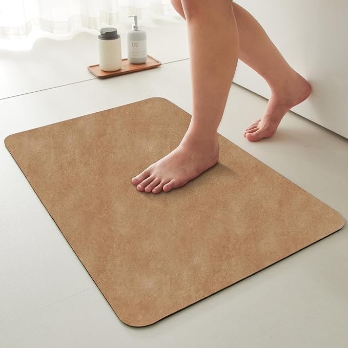 Bathroom Mat Quick Dry, Bathroom Rugs Non Slip Washable Thin Absorbent Bath Mat Fits Under Door Bathroom Floor Mat Perfect for Bath, Shower, or Sink 20"x30" Camel