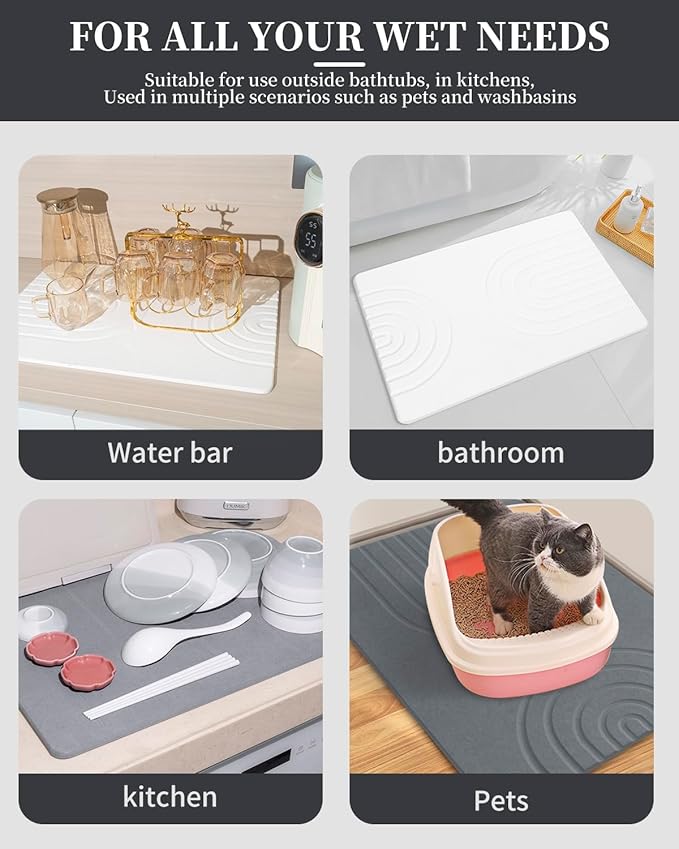 Stone Bath Mat 24"x16" - Diatomaceous Earth Shower Mat, Quick Dry, Anti-Slip, Modern Design with Bonus Non-Slip Pad - Perfect for Home Safety and Style, White,Semicircle