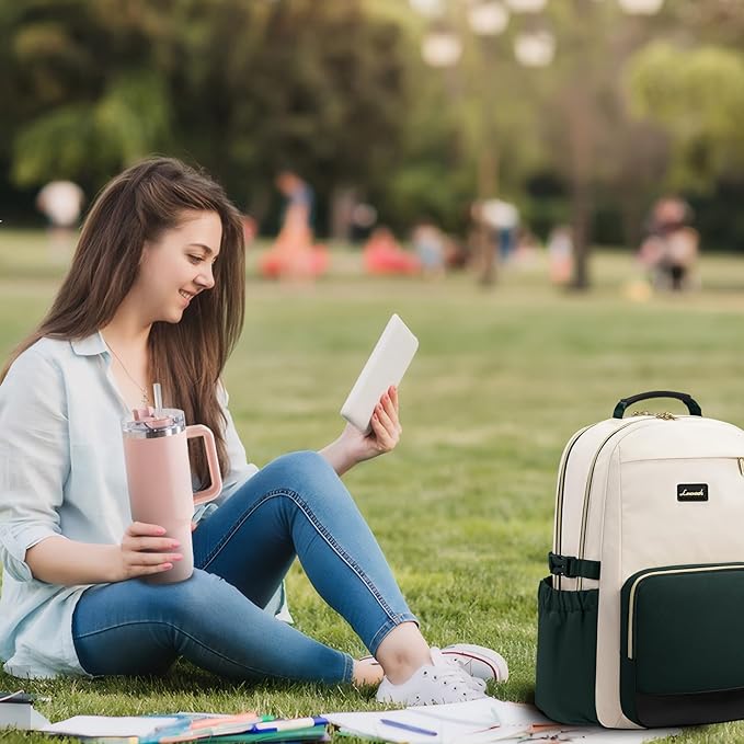 LOVEVOOK Laptop Backpack for Women with Pouch Pocket for Large Capacity Cup,15.6 Inch Teacher Nurse College Work Backpack Purse,Waterproof Laptop Bag Computer Back Pack for Travel, Beige-Green-Black