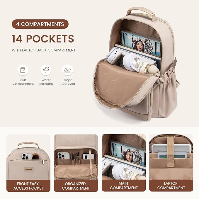LOVEVOOK Laptop Backpack for Women with Pouch Pocket for Large Capacity Cup,15.6 Inch Laptop Computer Bag Travel Backpack Purse,Waterproof Work Business Backpack College Teacher Bags,Nude