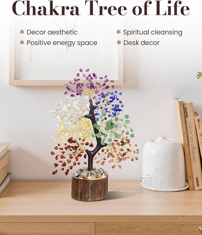 7 Chakra Crystal Tree of Life - Unique Birthday Gifts for Women, Healing Crystal Trees for Home Decor, Office Desk Decor, Positive Energy Spiritual Crystals and Healing Stones, Thumb Worry Stone