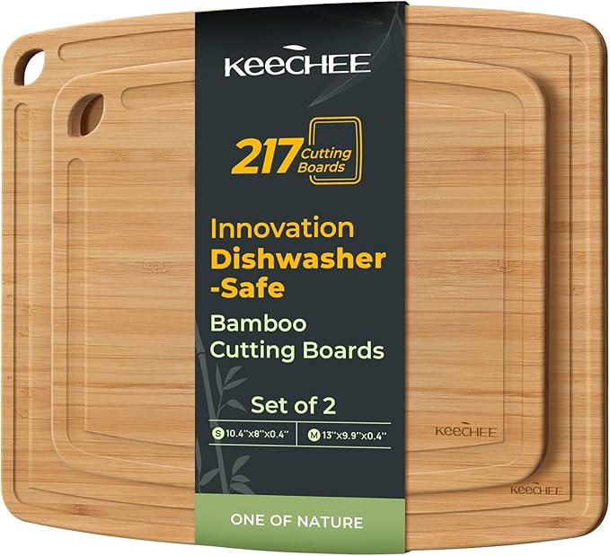 Dishwasher Safe Bamboo Cutting Boards Durable Lightweight Wood Cutting Board for Busy Kitchen, Easy Storage & Clean Wooden Chopping Boards with Juice Groove Set of 2 (M+S)
