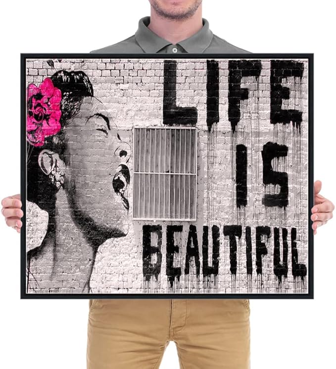 Wieco Art Framed Art Canvas Prints of Banksy Life is Beautiful Abstract Artwork for Wall Decor Black Frame BANKSY-2-5060-BF