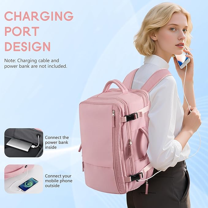 Beraliy Travel Backpack for Women, Airline Approved Bag, Carry On Waterproof Hiking Backpack, 16 inch Laptop Backpack, Overnight Bag, Pink