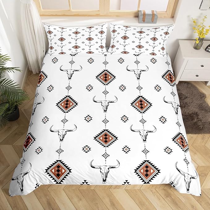 Castle Fairy Western Duvet Cover Set Queen Size,Bull Skull Bedding Set 2 Pcs for Cowboys Girls Youth Adults,Southwest Decor Comforter Cover,Geometric Tribal Aztec Quilt Cover,Not Comforter