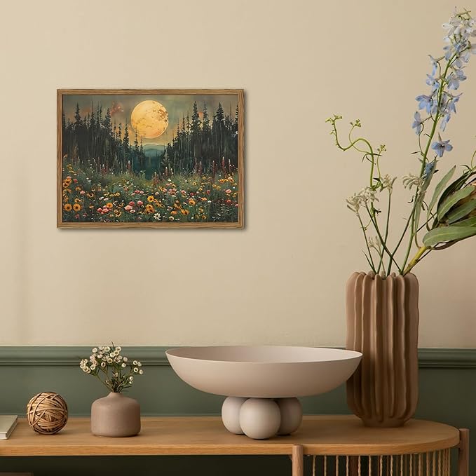 Vintage Forest Moon Wall Art, Nature Pine Tree Woodland Wall Decor Paintings, Dark Cottagecore Landscape 3D Textured Hand Drawn Sandstone Artwork for Bedroom Living Room 16x24 inch Wood Framed