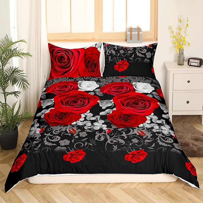 Red and White Rose Bedding Set,3D Flowers Printed Duvet Cover for Kids Teen Boys Girls,Romantic Lace Pattern Comforter Cover Decorative Room,Lover Couple Quilt Cover with 2 Pillowcases,Full Size