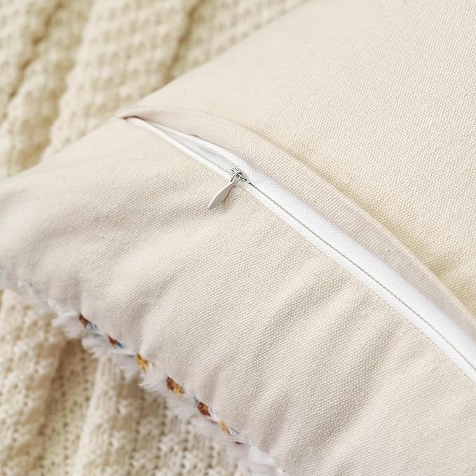 Aeckself Boho Chenille Tufted Pillow Cover 24 x 24 Inch, Decorative Square Big Throw Pillow Cover Neutral Pillowcase for Couch Bedroom Living Room, Orange White