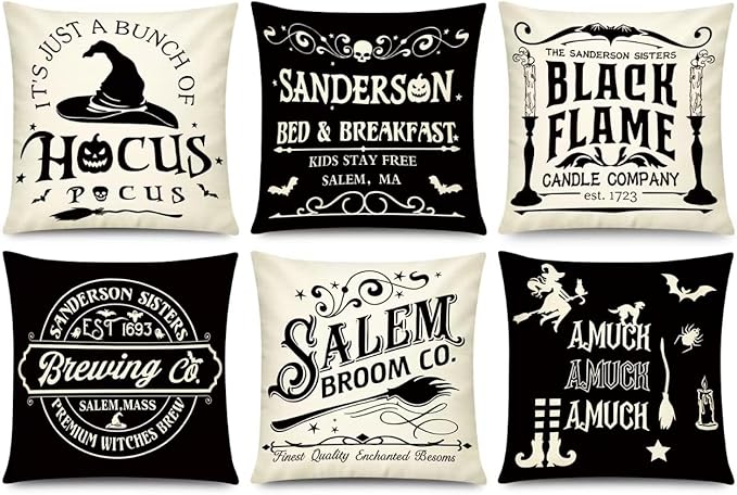 Halloween Pillow Covers 18x18 Inch Set of 6, Indoor Halloween Decorations, Black White Farmhouse Saying Throw Pillow Cover, Scary Pillowcase for Seaonal Party Couch Home Decor