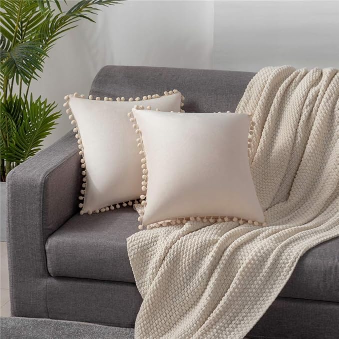 DEZENE Couch Pillow Covers 24x24 Cream: 2 Pack Cozy Soft Pom-poms Velvet Square Throw Pillow Cases for Farmhouse Home Decor