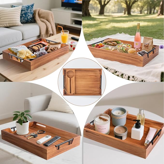 Serving Tray with Handles, 17"x12" Wooden Tray with Removable Wine Glass Holder Ottoman Tray Wood Serving Trays with Metal Handles for Breakfast, Dinner, Coffee Table, Food Drinks