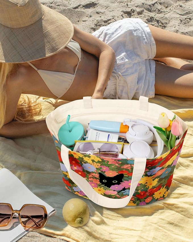 Large Tote Bag for Women - Canvas Tote Bag with Zipper Aesthetic Reusable Shoulder Bag for Gym, Travel, Work