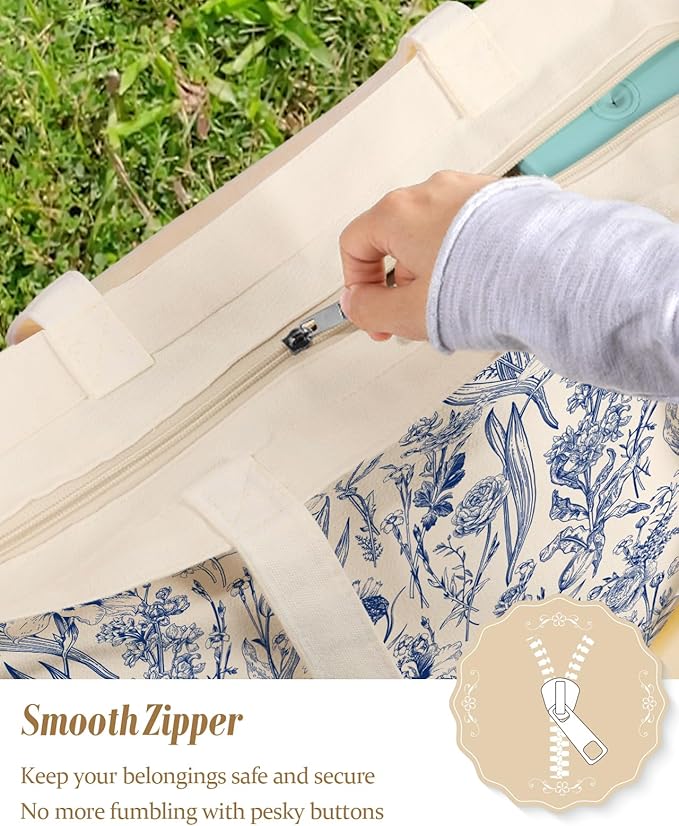 Large Tote Bag for Women - Aesthetic Cute Big Canvas Bags with Zipper Cotton Shoulder Bag for Gym, Travel, Work