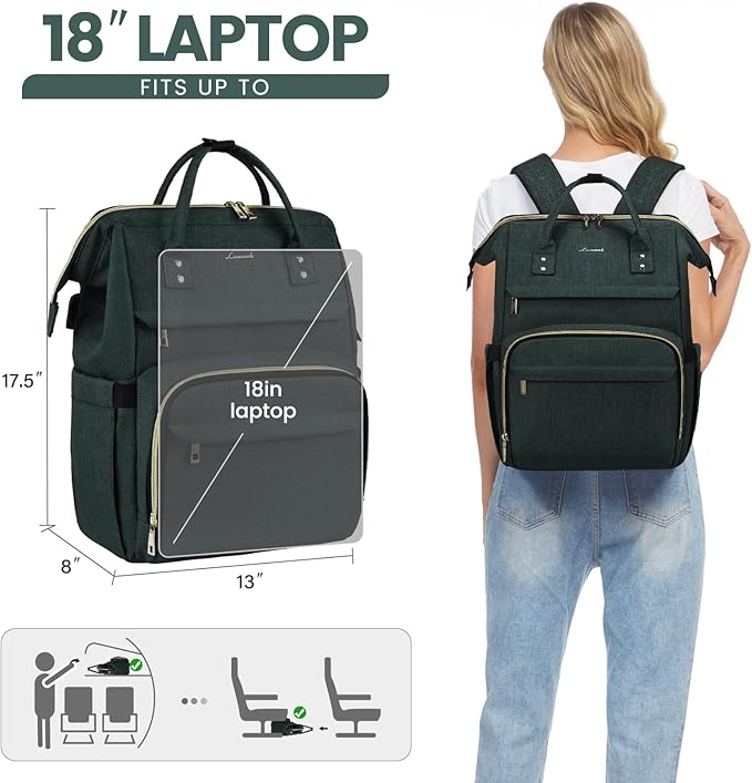 LOVEVOOK Laptop Backpack for Women,18 Inch Professional Womens Travel Backpack Purse Computer Laptop Bag Nurse Teacher Backpack,Waterproof College Work Bags Carry on Back Pack with USB Port,Dark Green