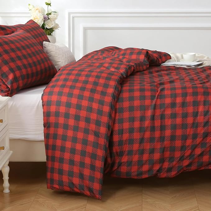 MUXHOMO Duvet Cover King Size Floral Duvet Cover Set with Zipper Closure, Red Plaid Bedding Set, 3 Pieces, 1 Duvet Cover 104"x90" with 4 Corner Ties and 2 Pillowcases 20"x36"